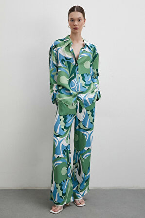 Beli Lastikli Desenli Pantolon Yeşil