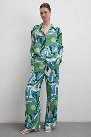 Beli Lastikli Desenli Pantolon Yeşil