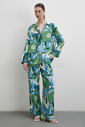 Beli Lastikli Desenli Pantolon Yeşil