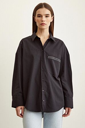 Taş Detaylı Poplin Gömlek Siyah