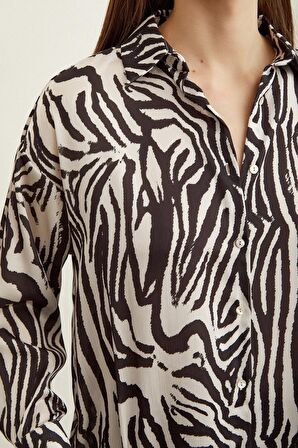 Zebra Desen V Yaka Saten Gömlek Siyah