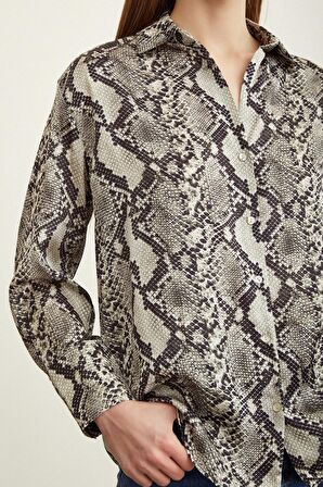 Yılan Desen Saten Gömlek Taş