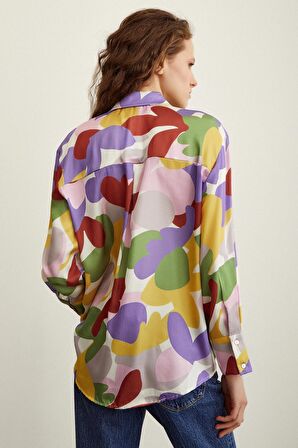 Desenli Saten Gömlek Lila