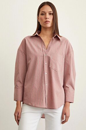 Çizgili Oversize Gömlek Gül Kurusu