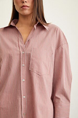 Çizgili Oversize Gömlek Gül Kurusu