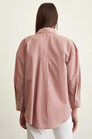 Çizgili Oversize Gömlek Gül Kurusu