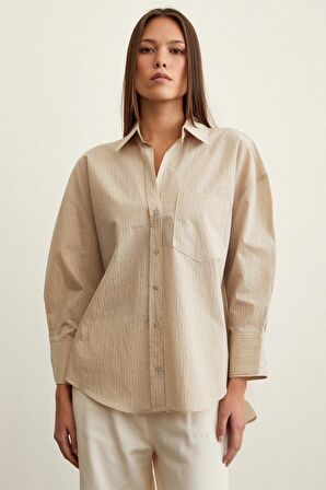 Çizgili Oversize Gömlek Bej