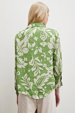 Çiçek Desenli Saten Gömlek Yeşil