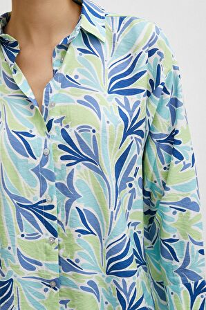 Baskılı Modal Gömlek Mavi