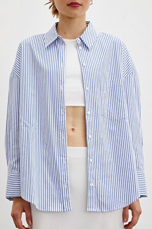 Çizgili Poplin Gömlek Mavi