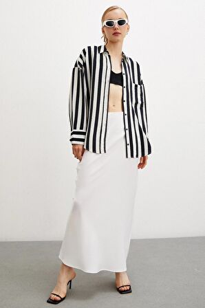 Poplin Çizgili Gömlek Ekru