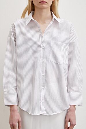 Çizgili Pamuklu Gömlek Ekru