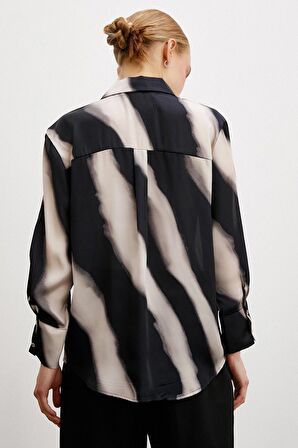 Desenli V Yaka Saten Gömlek Bej