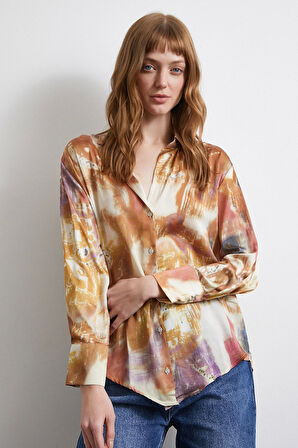 Desenli Saten Gömlek Lila