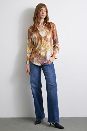 Desenli Saten Gömlek Lila