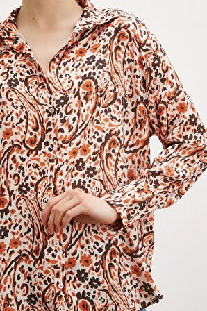 Desenli Gofret Saten Gömlek Oranj