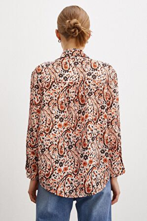Desenli Gofret Saten Gömlek Oranj