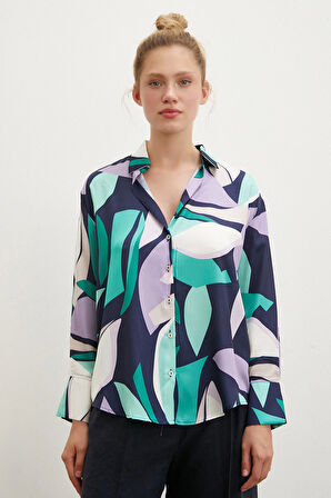 Desenli V Yaka Gömlek Mor