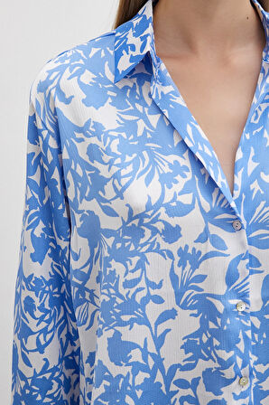 Desenli Gofret Saten Gömlek Açık Mavi