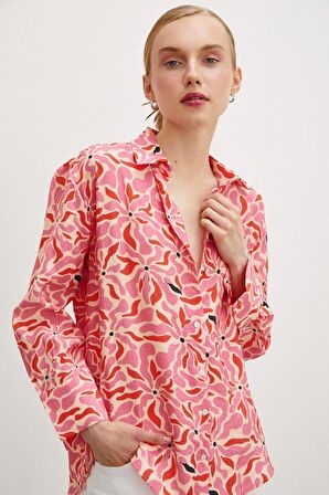 Çiçek Desen V Yaka Modal Gömlek Fuşya