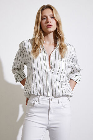 Çizgili Cepli Gömlek Yeşil