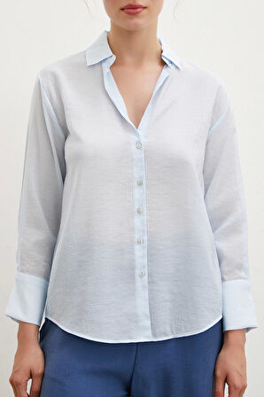 V Yaka Robalı Gömlek Mavi