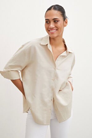 Yırtmaçlı Fakir Kol Gömlek Bej