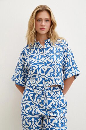 Kısa Kollu Crop Gömlek Mavi