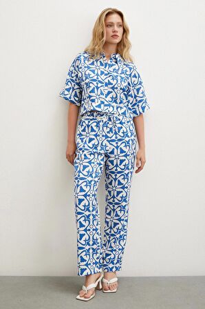 Kısa Kollu Crop Gömlek Mavi