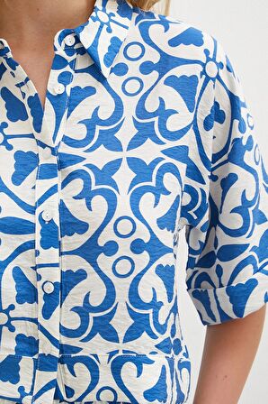 Kısa Kollu Crop Gömlek Mavi