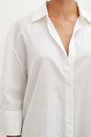 Geniş Manşetli Keten Gömlek Ekru