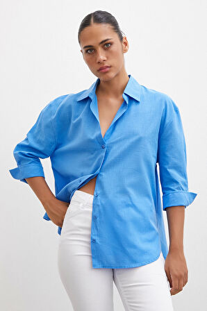 Geniş Manşetli Keten Gömlek Mavi