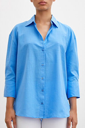 Geniş Manşetli Keten Gömlek Mavi