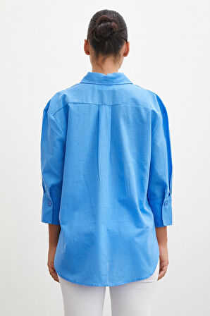 Geniş Manşetli Keten Gömlek Mavi