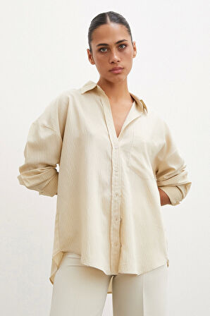 Cepli Çizgili Gömlek Bej