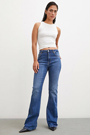 Yüksek Bel İspanyol Paça Jean Mavi