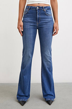 Yüksek Bel İspanyol Paça Jean Mavi