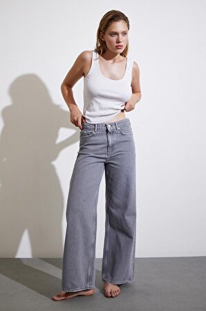 Yüksek Bel Wide Leg Jean Füme