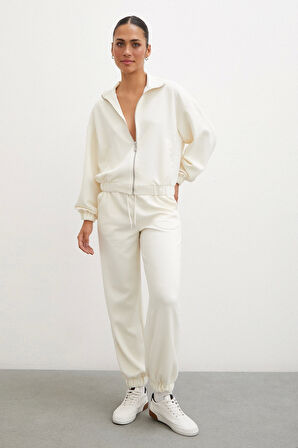 Lastikli Cepli Eşofman Altı Ekru