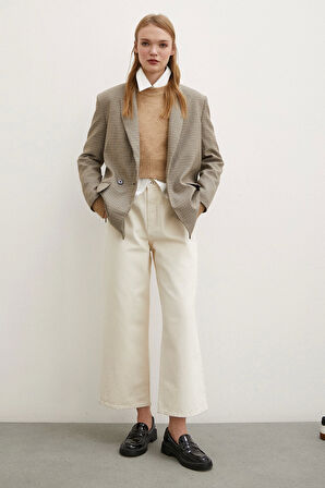 Yüksek Bel Geniş Paça Mom Jean Ekru