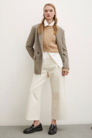 Yüksek Bel Geniş Paça Mom Jean Ekru