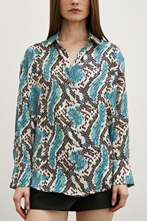 Yılan Desen Saten Gömlek Yeşil