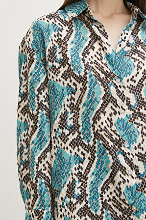 Yılan Desen Saten Gömlek Yeşil