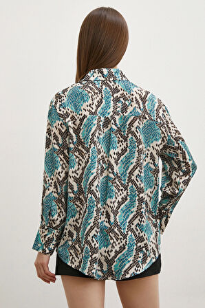 Yılan Desen Saten Gömlek Yeşil