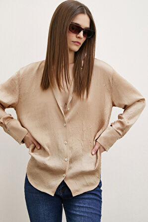 Kraşlı Saten Gömlek Vizon