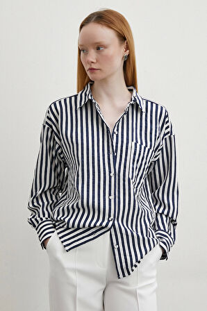 Multi Çizgili Cepli Gömlek Lacivert