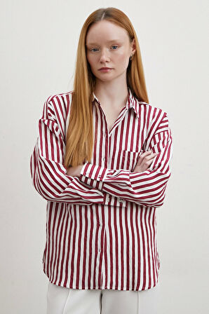 Multi Çizgili Cepli Gömlek Bordo