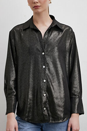 Varaklı V Yaka Gömlek Siyah