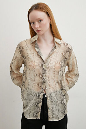 Yılan Derisi Desenli Tül Gömlek Bej