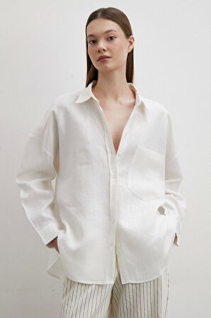 Robalı Cepli Keten Gömlek Ekru